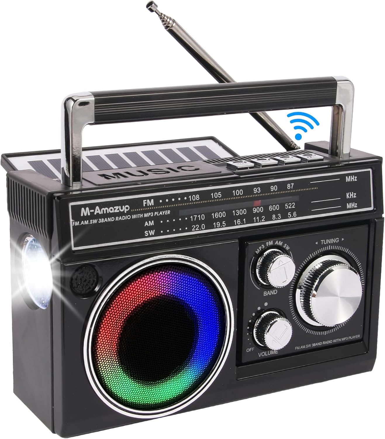 Radios Portable AM FM, Retro Portable Radio with Bluetooth Speaker and Flashlight, Strong Reception with Colorful Mood Lights, TF Card, Solar/Battery/AC Rechargeable for Gift,Elder,Home, Gold