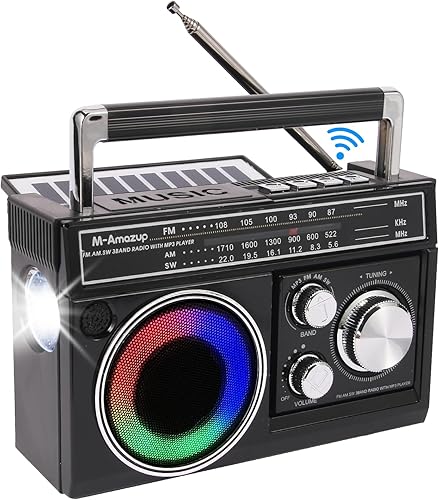 Miniatura 8 de Radios portátil AM FM, radio portátil retro con altavoz Bluetooth y linterna, recepción fuerte con luces de humor coloridas, tarjeta TF, energía