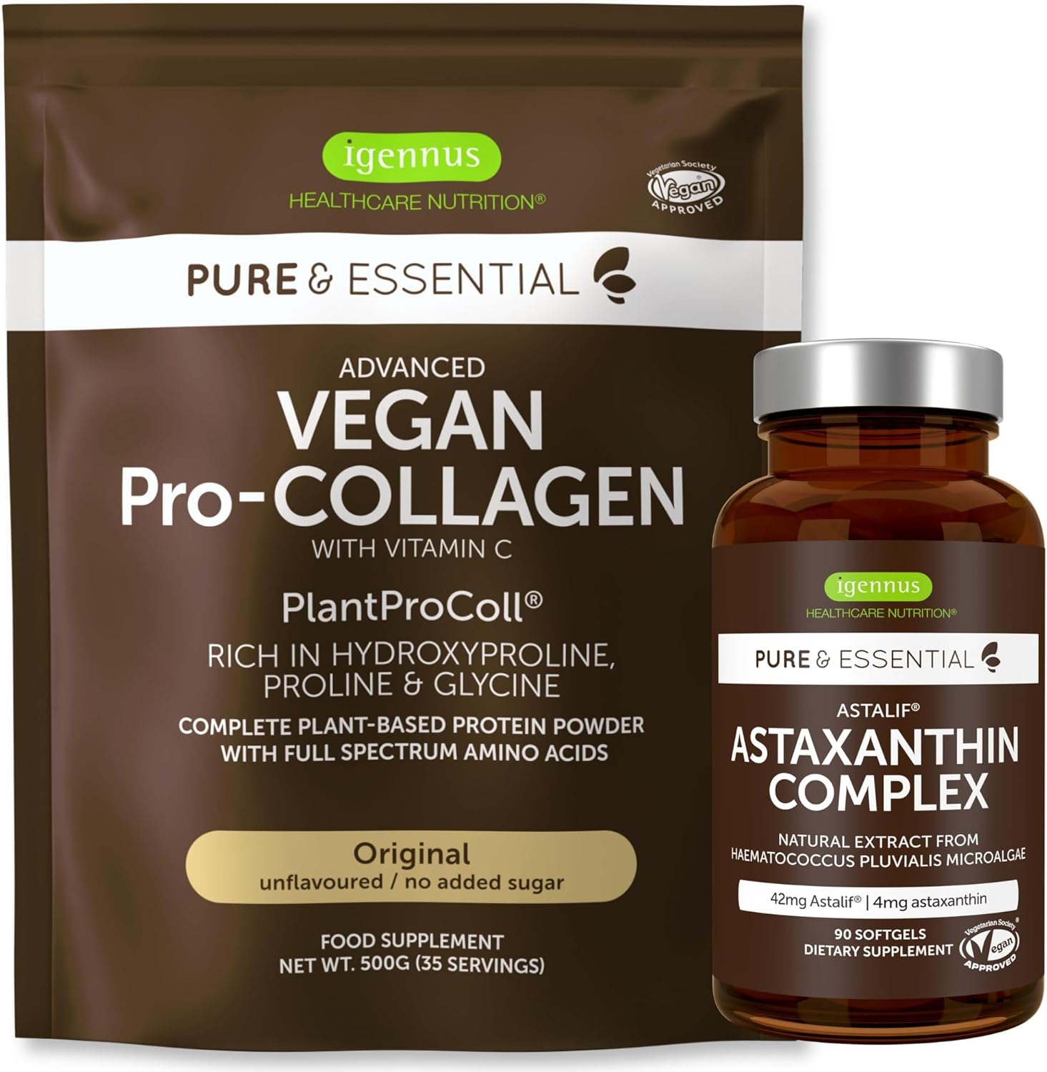 Pure & Essential Vegan Collagen Peptide Protein Powder + Astaxanthin Complex Vegan Bundle, Complete Collagen Boosting Formula + Natural Astapure Providing 4 mg H. Pluvialis Astaxanthin for Hair, Skin