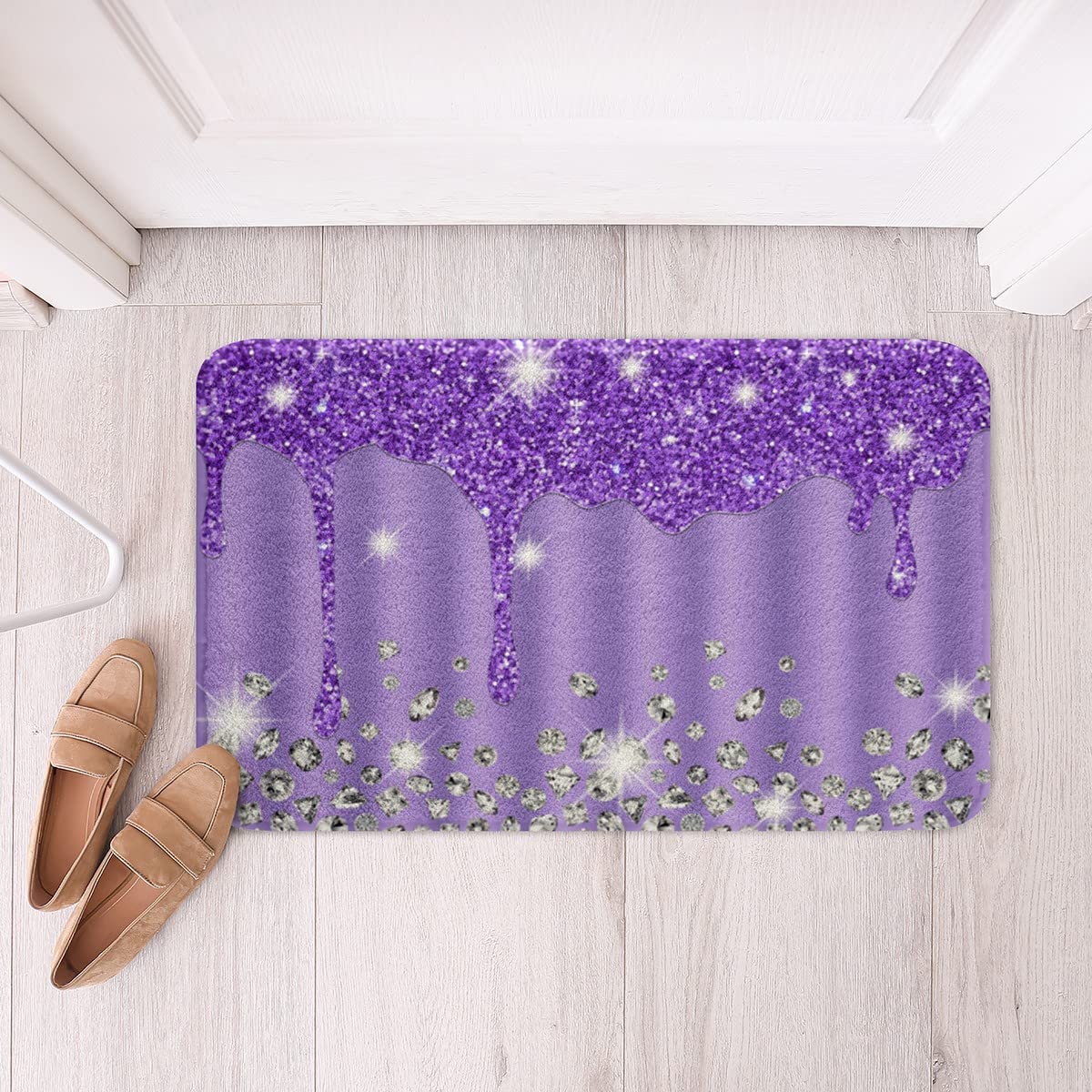 Feelyou Silver Glitter Print (No Glitter) Non Slip Bath Mat Bling Decor Purple Shaggy Absorbent Floor Mat for Diamond Bathroom Rugs Bathroom Floor Indoor Doormat 16