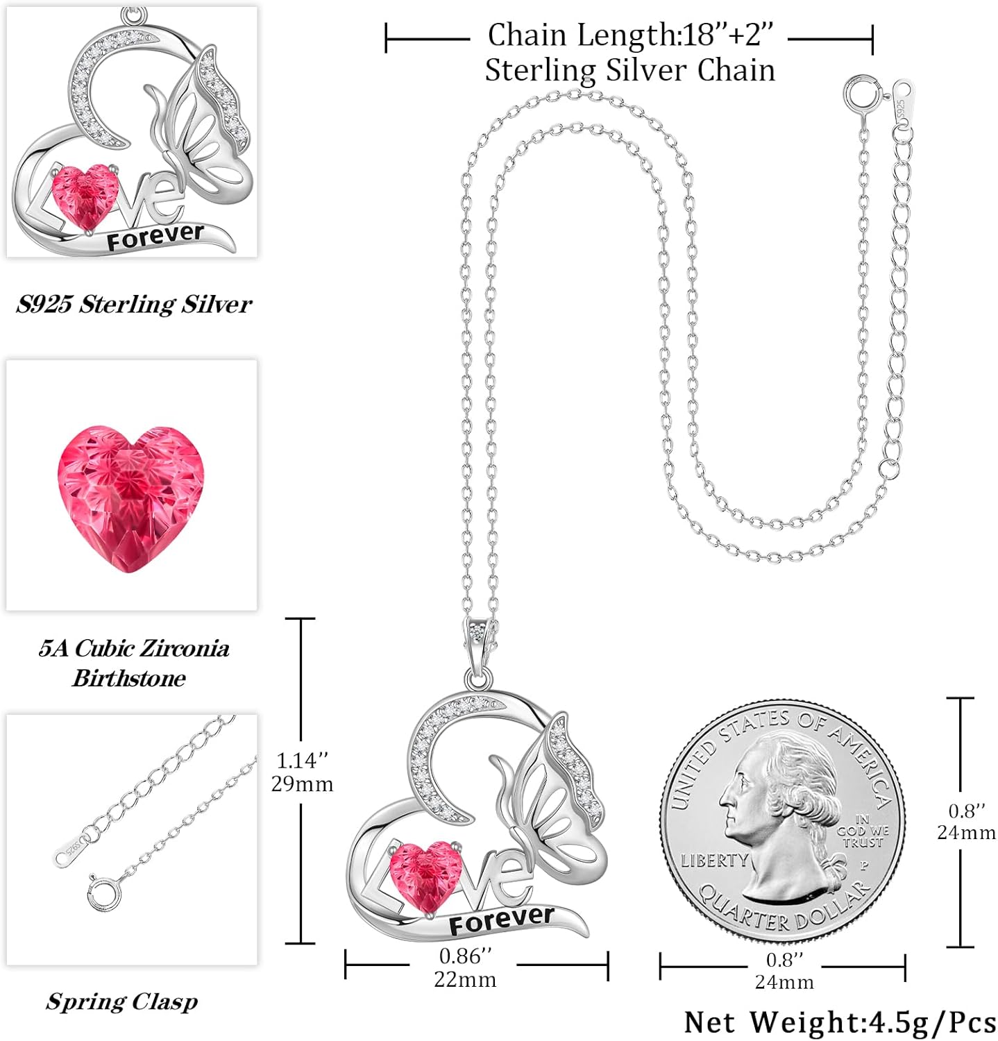 Aurora Tears Birthstone Love Heart Butterfly Pendant Necklace - 925 Sterling Silver Firework-Cut Cubic Zirconia Love Forever Necklace Anniversary Birthday Jewelry Gift for Women Wife Mom Daughter - Image 4