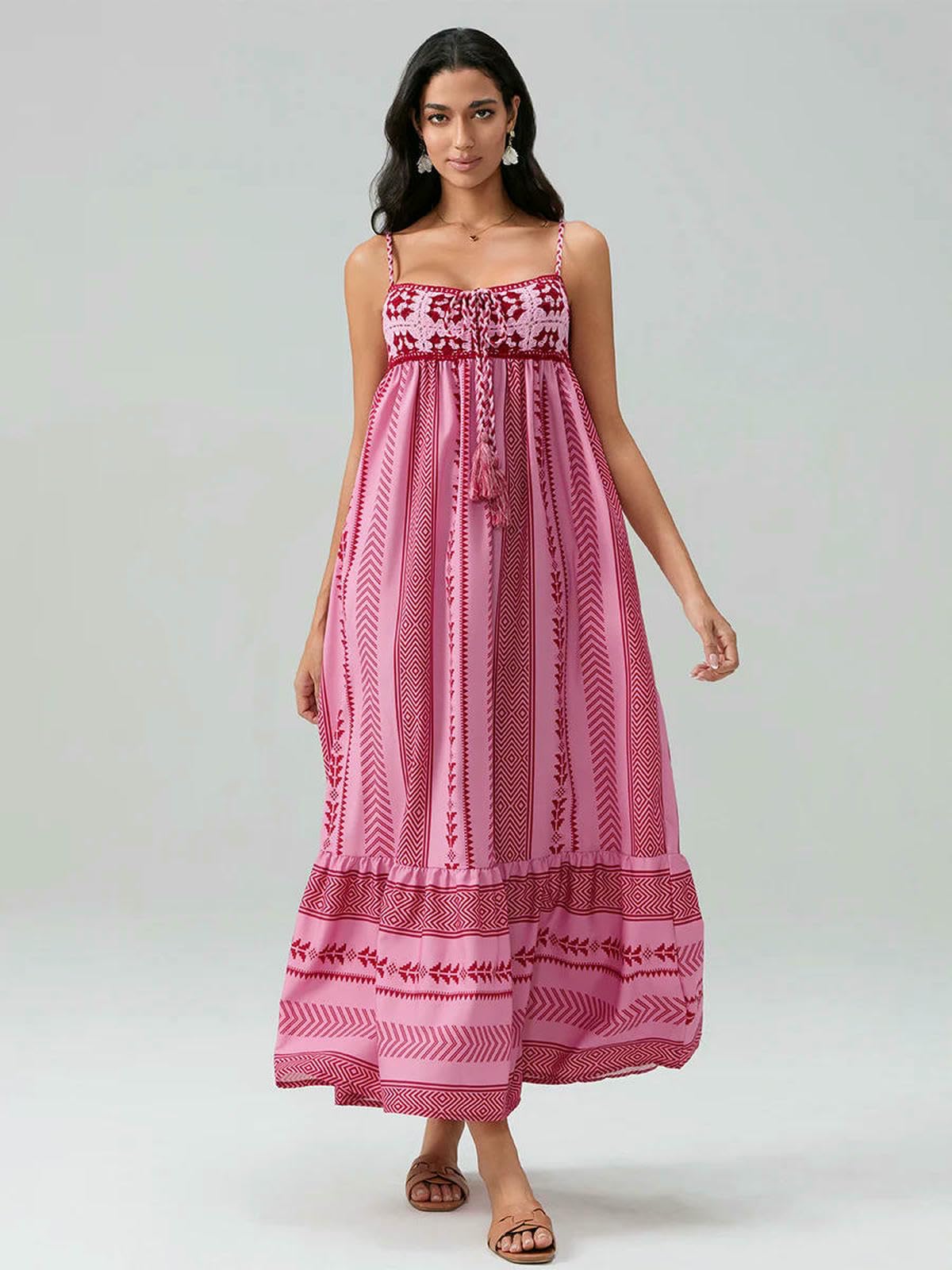 Abito Donna Invernale Summer Women Senza Maniche Flowy Vaccation Party Eleganti Nappe all'Uncinetto di Stampa Geometrica-Rosa-l