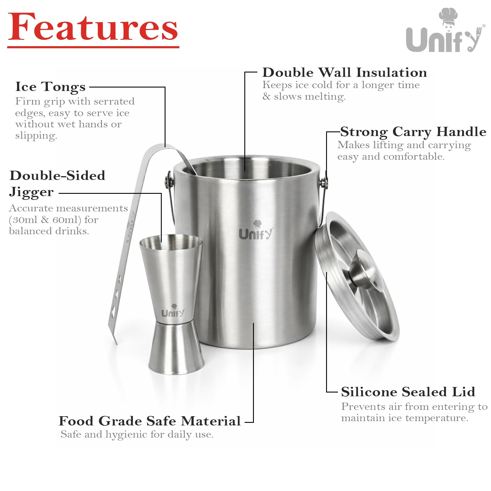 Unify 3 Pieces Stainless Steel Double Wall Ice Bucket Set (1 Litre) with Lid, Ice Tongs & 30/60 ml Peg Measurer | Insulated Ice Bucket for Home Bar, Parties & Cocktails, Bar Accessories — Amazon image 7