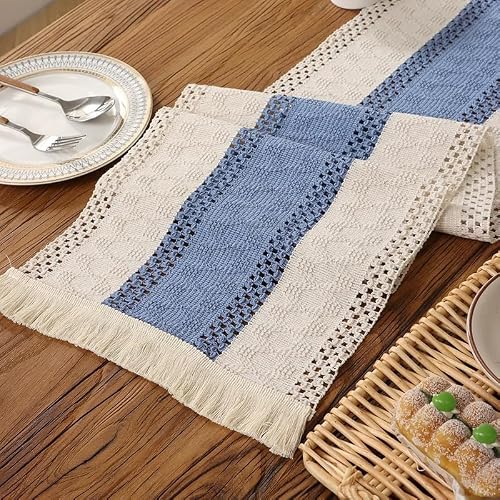 Hand-Woven Macrame Table Runner - Cream Beige Boho Table Cover with Tassels, Rustic Farmhouse Dining Table Decoration for Bohemian Kitchen & Dining Room (H,30x45cm)