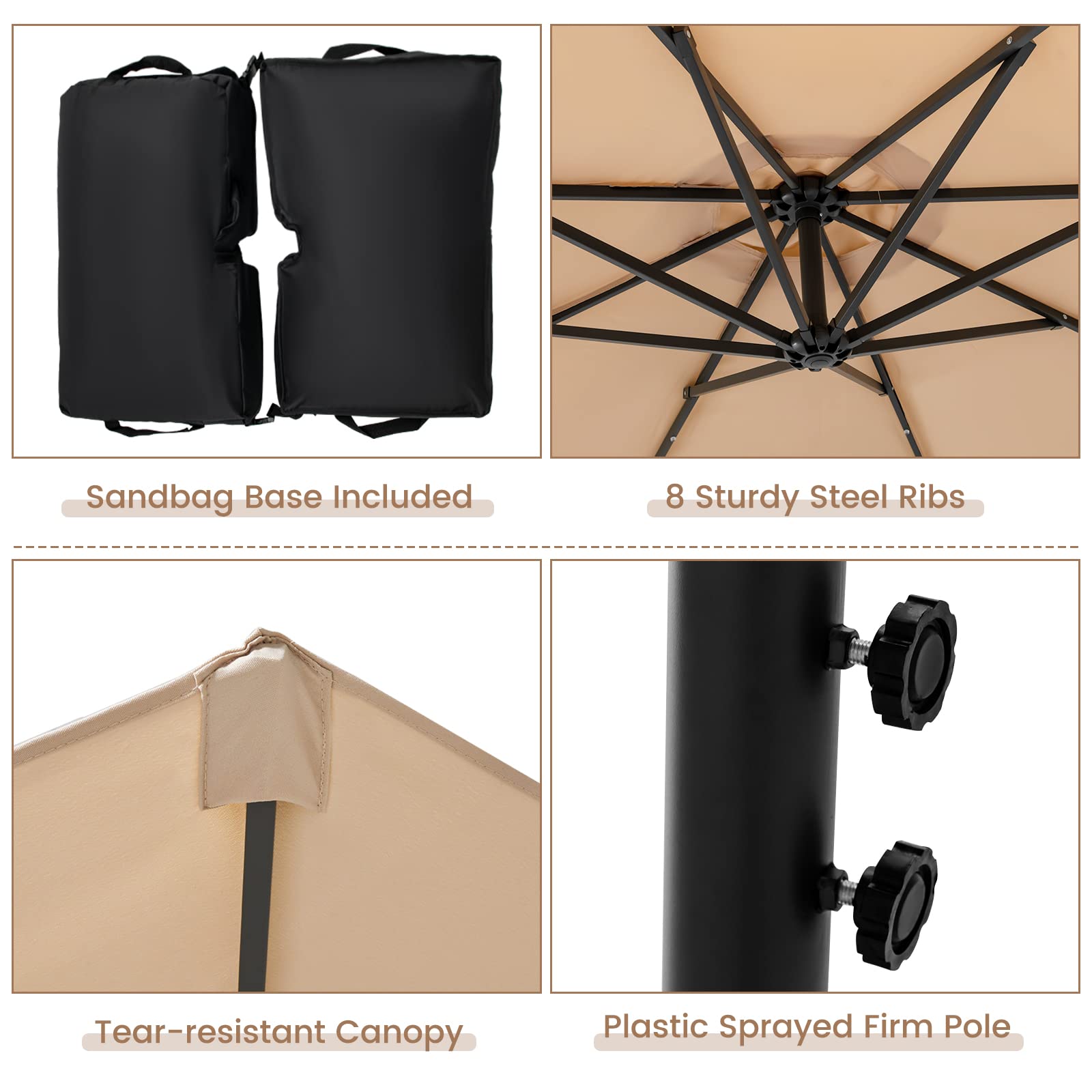 RELAX4LIFE Parasol Déporté 3x3M LED à Énergie Solaire, Parasol de Jardin Extérieur Inclinable avec Pied Incus, Imperméable à 8 Baleines, Protection UV pour Terrasse Patio Plage (Beige)