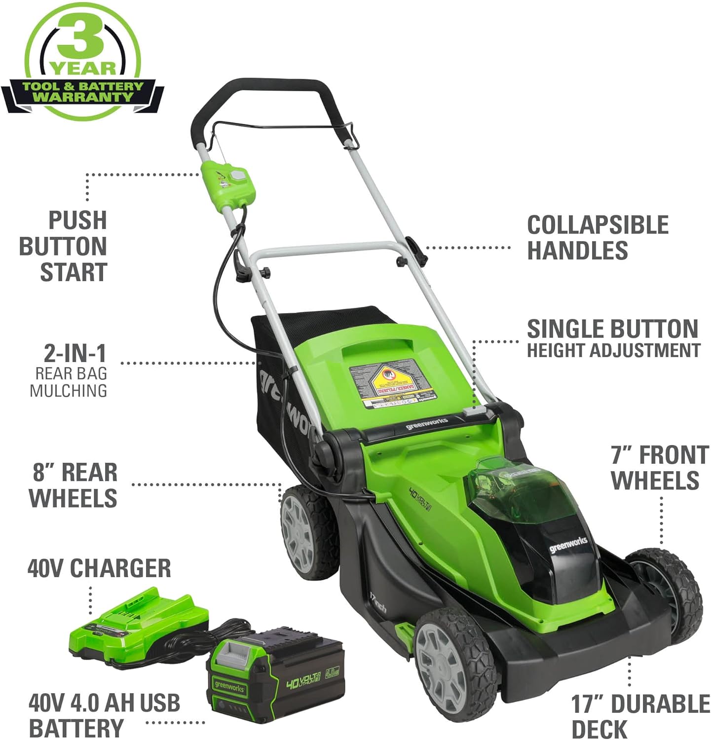 Greenworks 40V 14" Cordless Lawn Mower / Blower Combo Kit, 4.0Ah USB Battery and Charger Included