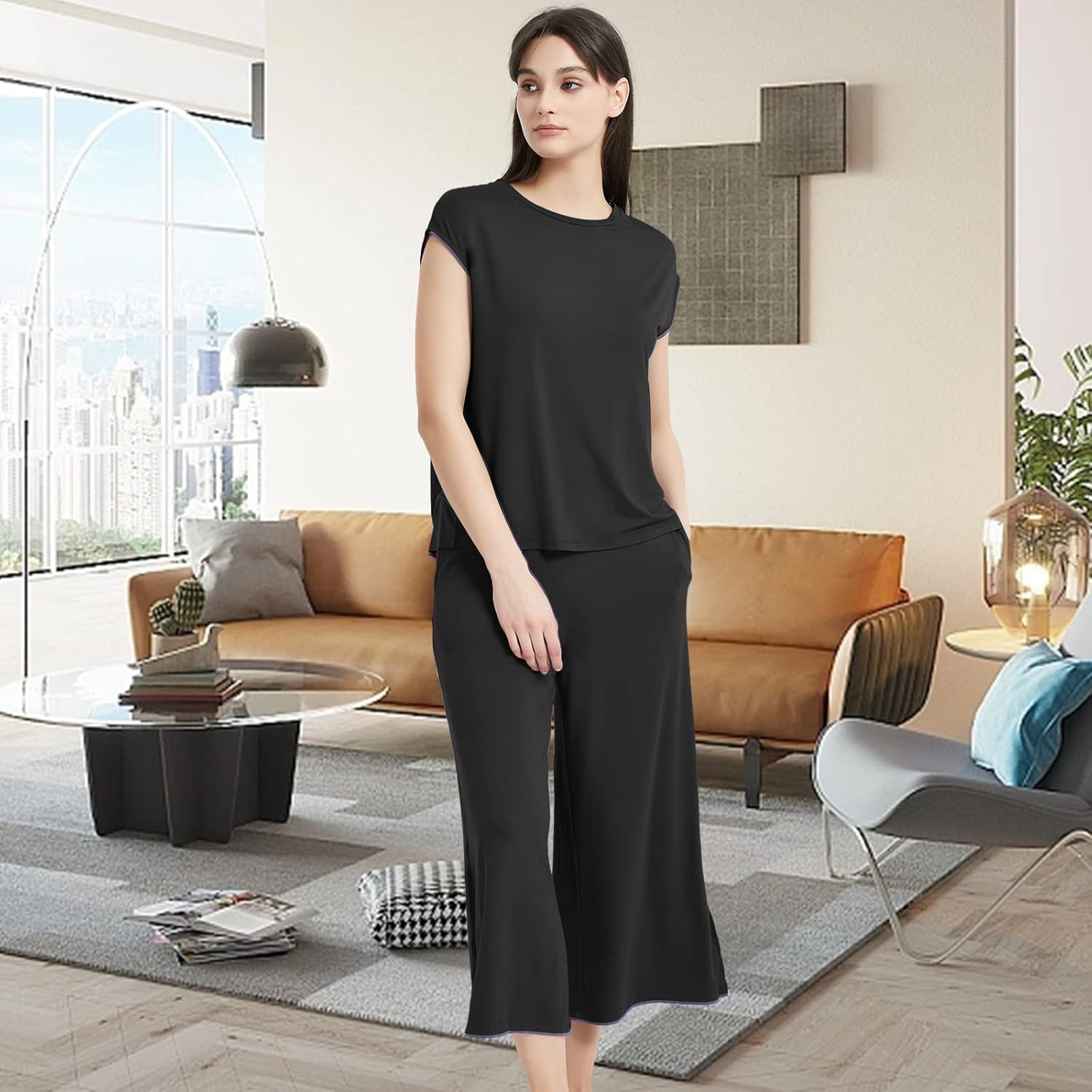 GYS Bamboo Viscose Pajamas for Women Set, 2 Piece Soft Capri Pants Cap Sleeve Top Lounge Set, Comfy Loungewear Sleepwear PJs - Image 5