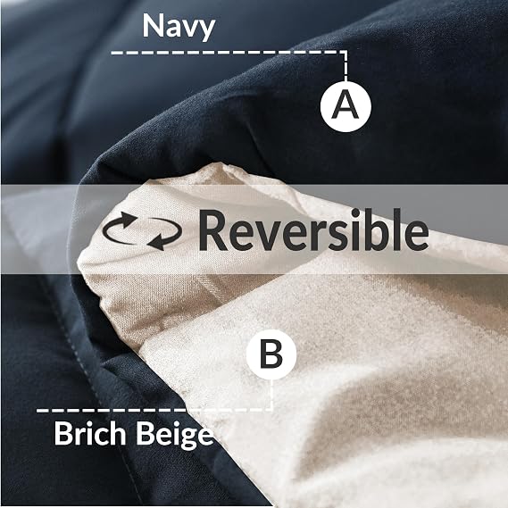 Whale Flotilla Reversible Duvet King Size for All Seasons, 7.5 Tog Down Alternative Box Sitiched Comforter, Lightweight and Machine Washable Bedding Set, 220X240 cm, Navy,Brich Beige