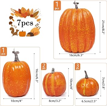 Newthinking Artificial Pumpkin Decorations, 7 Pack Foam Fake Pumpkins Decor