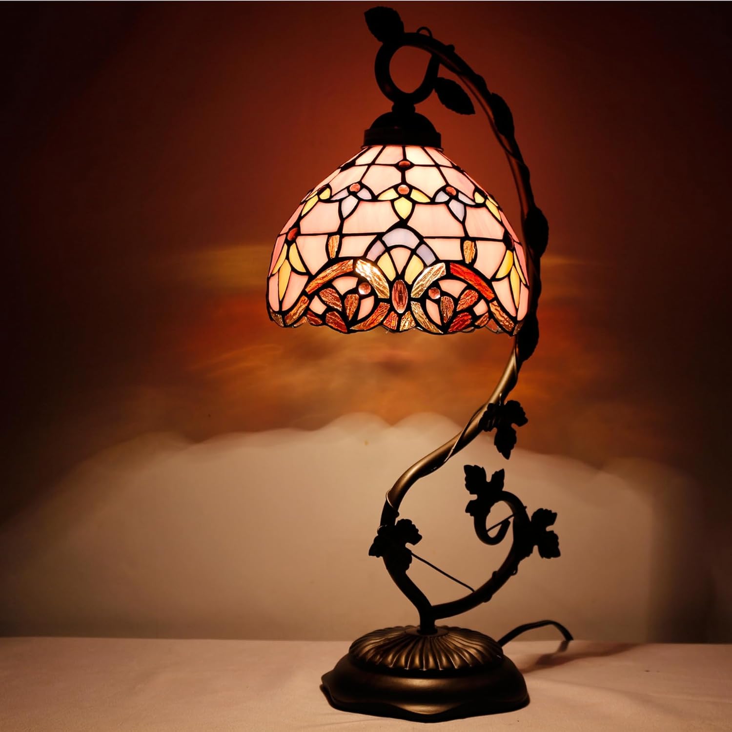 WERFACTORY Tiffany Table Lamp Pink Stained Glass Baroque Style Reading Desk Light, Metal Leaf Base 8X10X21 Inches Decor Small Space Bedside Bedroom Home Office S003P Series