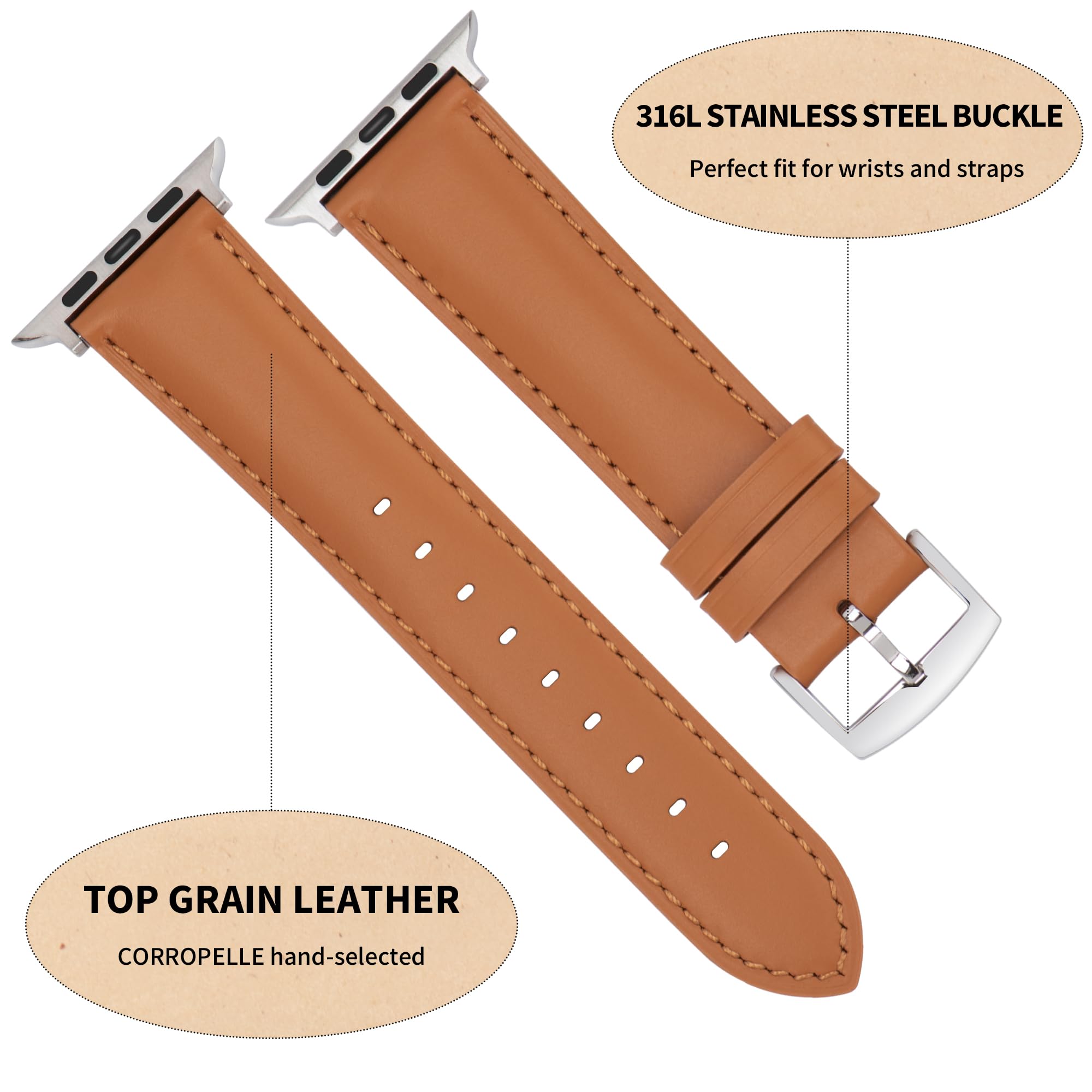CORROPELLE Leather Watch Bands Compatible with Apple Watch 41mm 40mm 38mm for Men Women, Top Grain Leather Replacement Band Watch Straps Compatible with iWatch Series 9 8 7 6 5 4 3 2 1 SE SE2