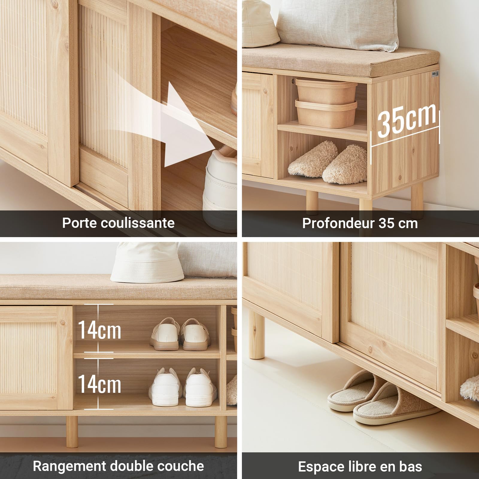 SoBuy Banc Chaussure Bambou avec Assise 121x35x49cm pour entrée | 2 portes coulissantes, 6 compartiments spacieux, MDF E1 et bambou, coussin lin respirant, charge 230kg FSR163-N