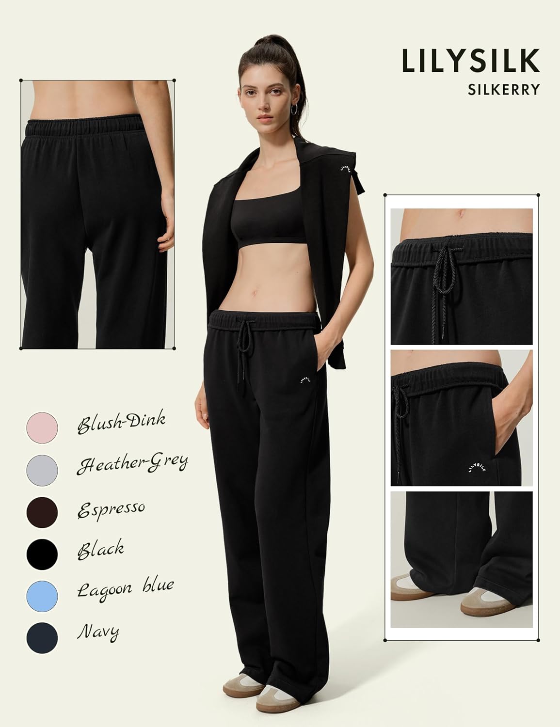 LilySilk Women Silk Terry Sweatpant Full Length Pants Ladies Trousers Elastic Waist Embroidery for Casual Sports - Image 4