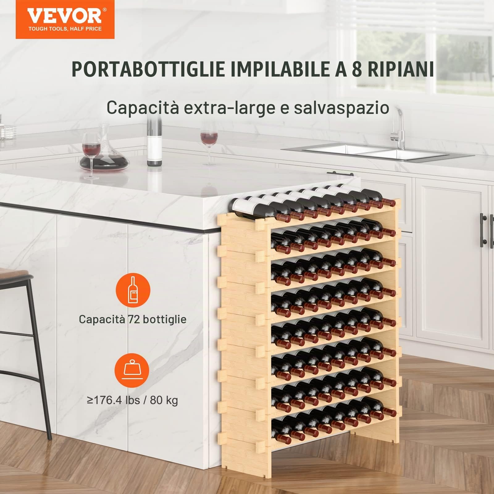 VEVOR Portabottiglie per Vino in Legno di Bambù Impilabile 8 Ripiani Capacità Max. 72 Bottiglie, Cantinetta Portabottiglie 8 Piani da Terra per Vino Materiale Legno Bambù Struttura Modulare Fai-da-te