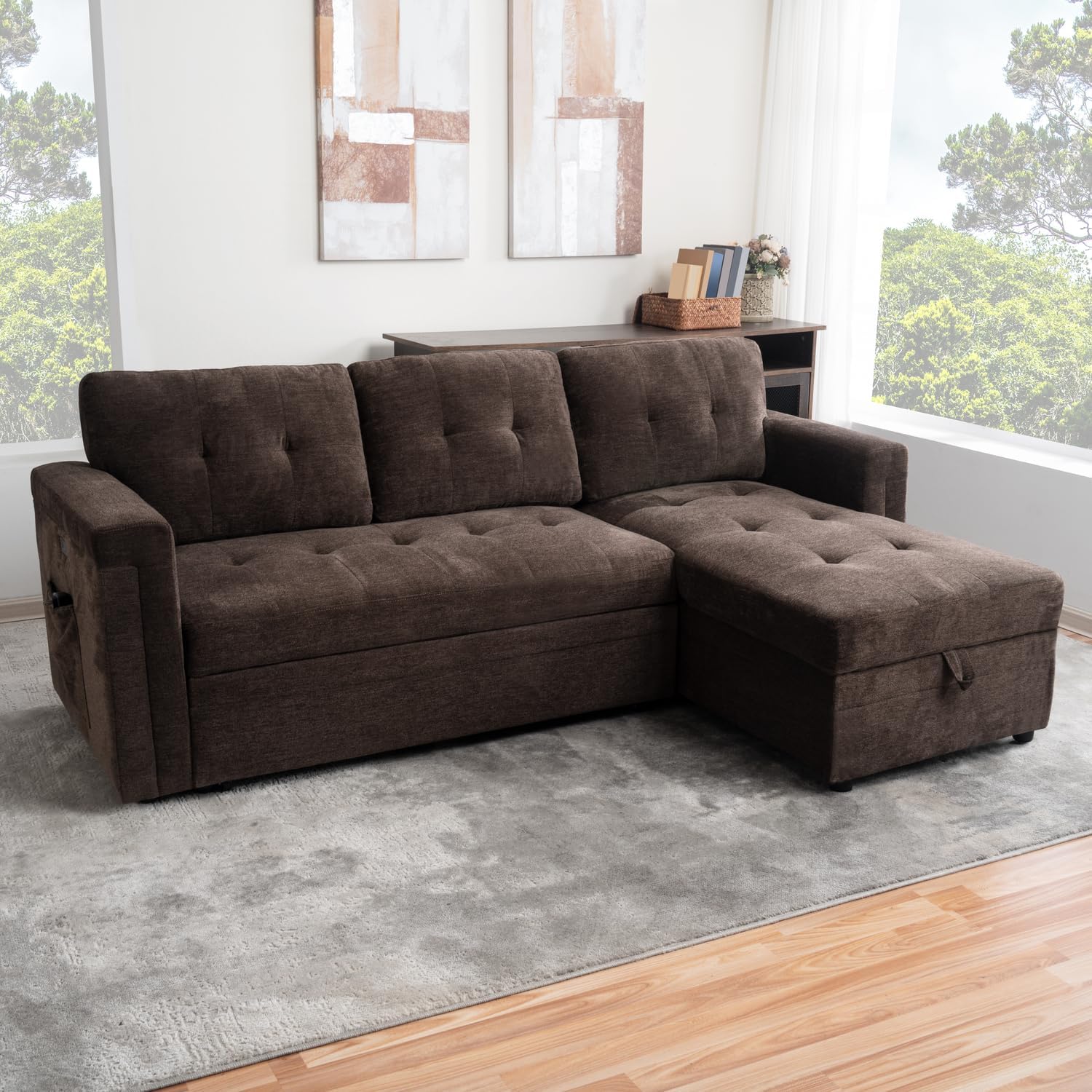 Naomi Home L-Shaped Sectional Sleeper Sofa with USB Ports - Convertible Pull-Out Bed, Ample Storage, Timeless Design, Durable Construction Espresso/