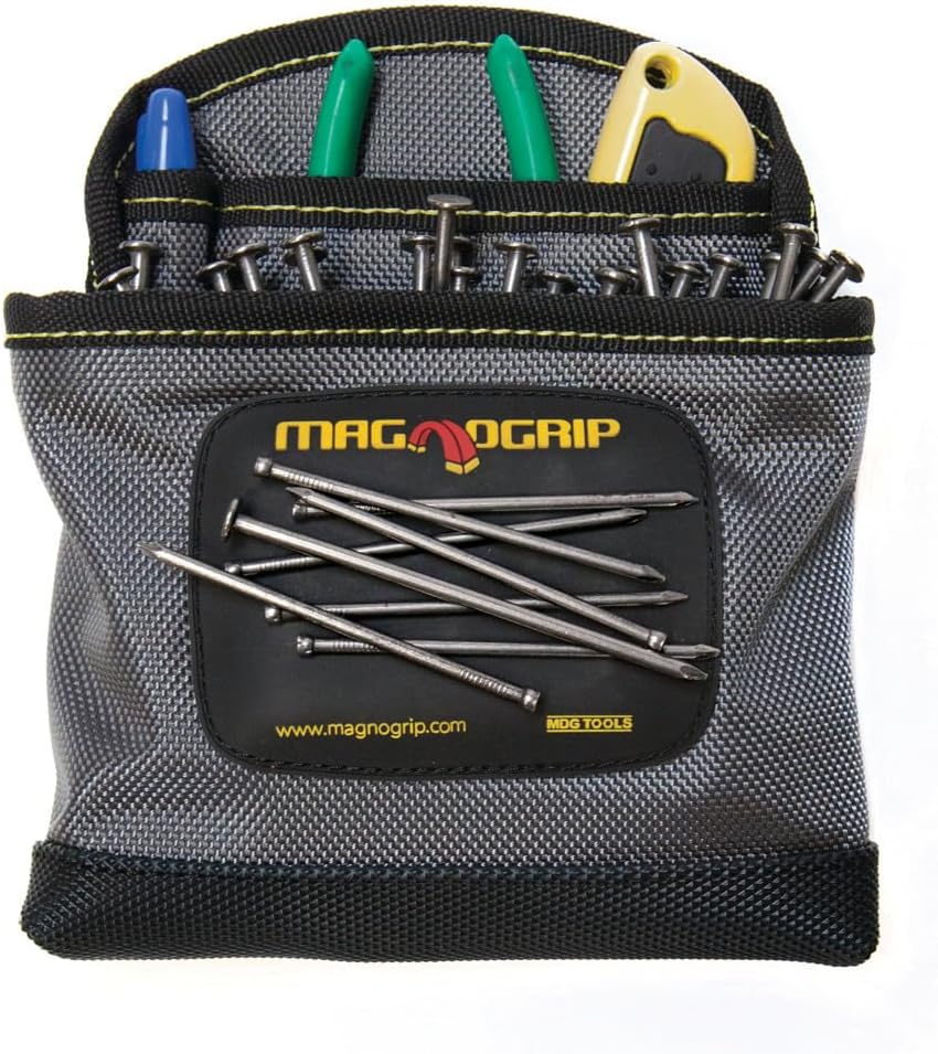 MagnoGrip 3-Pocket Nail Pouch with Integrated Magnetic Storage - Durable 1680D Ballistic Polyester, Magnetic Interior & Exterior, Tool Belt Compatible, Construction Pouch for Carpenters & DIY Projects
