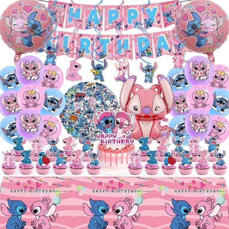 101PCS Stitch Party Supplies Birthday Decorations Set Include Banner Balloons Stickers Hanging Swirls Cake Cupcake Toppers Tablecloth for Girls Pink Stitch Theme Party