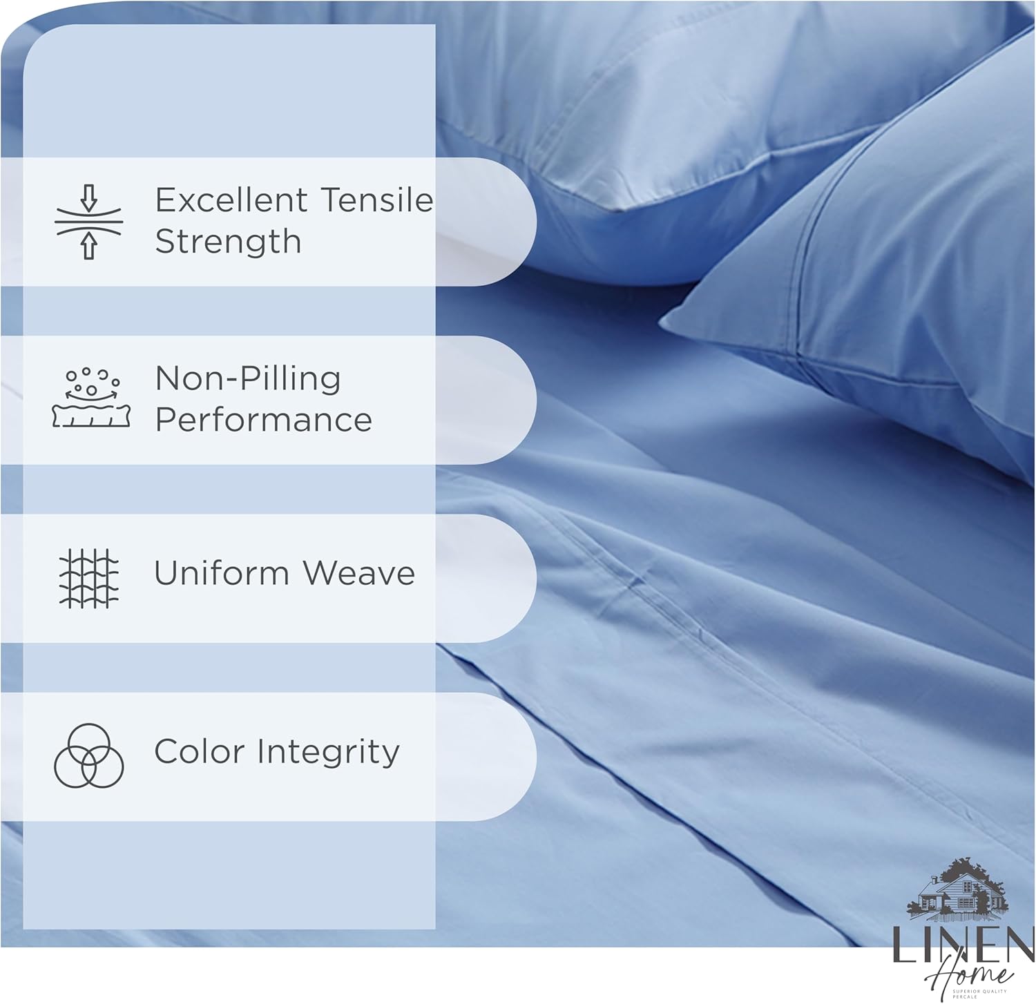Linen Home 100% Cotton Percale Sheets Twin Size, Baby Blue, Deep Pocket, 3 Pieces Set - 1 Flat, 1 Deep Pocket Fitted Sheet and 1 Pillowcase, Crisp Cool and Strong Bed Linen - Image 2