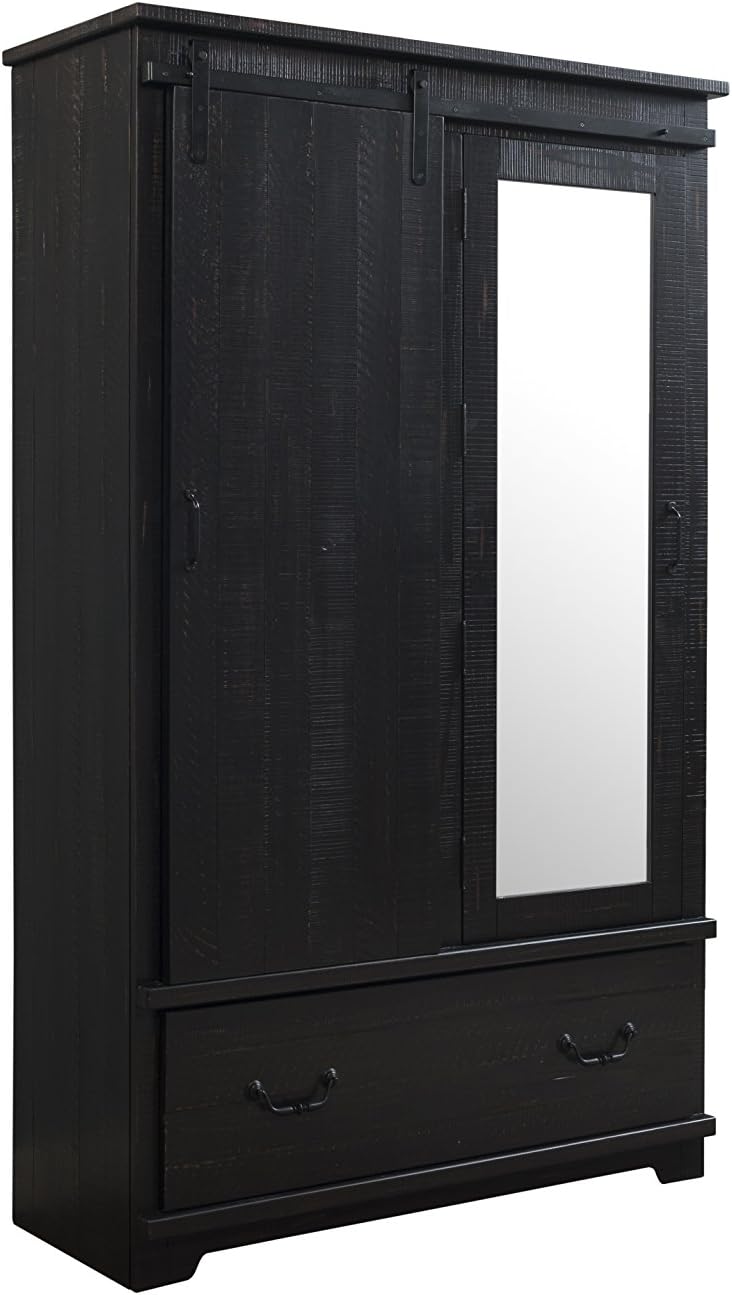 Martin Svensson Home Coastal Farmhouse Solid Wood Armoire With Sliding Barn Door, Antique Black