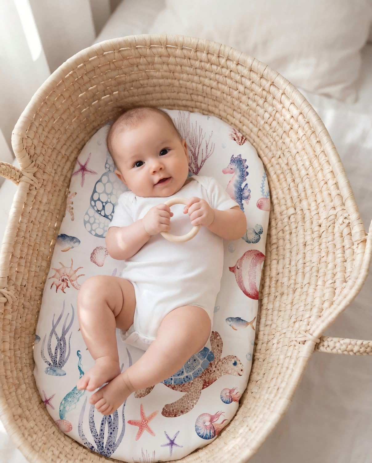 4 Pack Stretch Soft Baby Bassinet Sheet for Girls, Boys, Breathable Cozy Crib Sheets Fit for Hourglass Oval Rectangle, Bedside Sleeper Bassinet Sheets (Blue Ocean)
