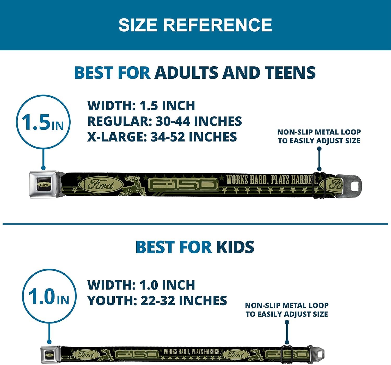 Buckle-Down Seatbelt Belt - FORD F-150 WORKS HARD, PLAYS HARDER./Stars Black/Tan/Olive - 1.0" Wide - 20-36 Inches in Length