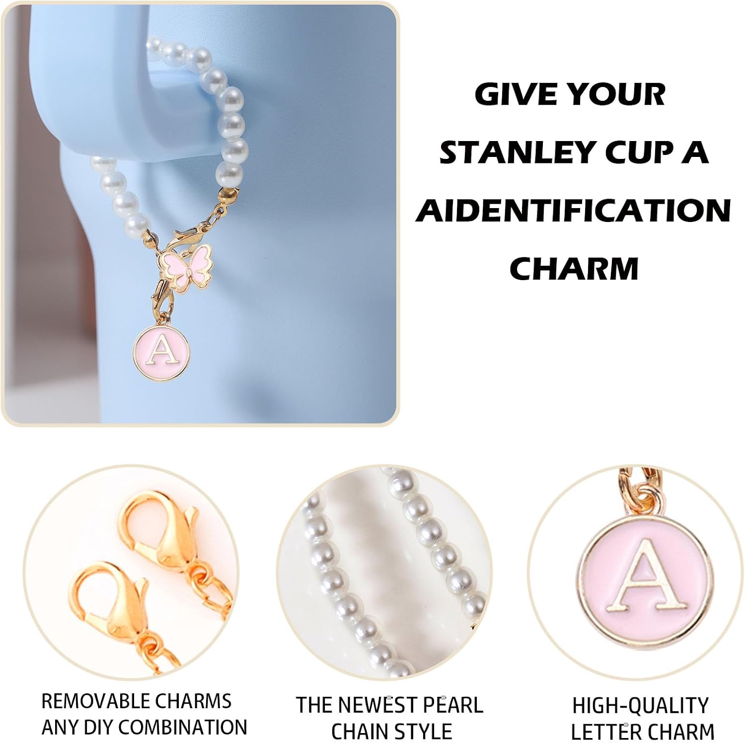 Accessories for Stanley Cup Pearl Chain Initial Accessoriess for Handle Stuff Decor Water Bottle Jewelry Tumbler Cute Simple Modern Personalized Name ID Decorations Letter Pink Tag A image 3