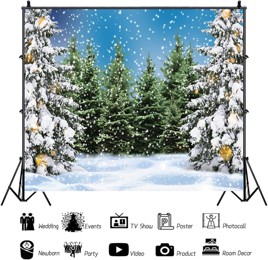 10x8ft Winter Forest Backdrop Christmas Winter Snowfield Pine Trees Background for Photography Snow Scene Xmas Theme Party Decorations Photo Booth Props