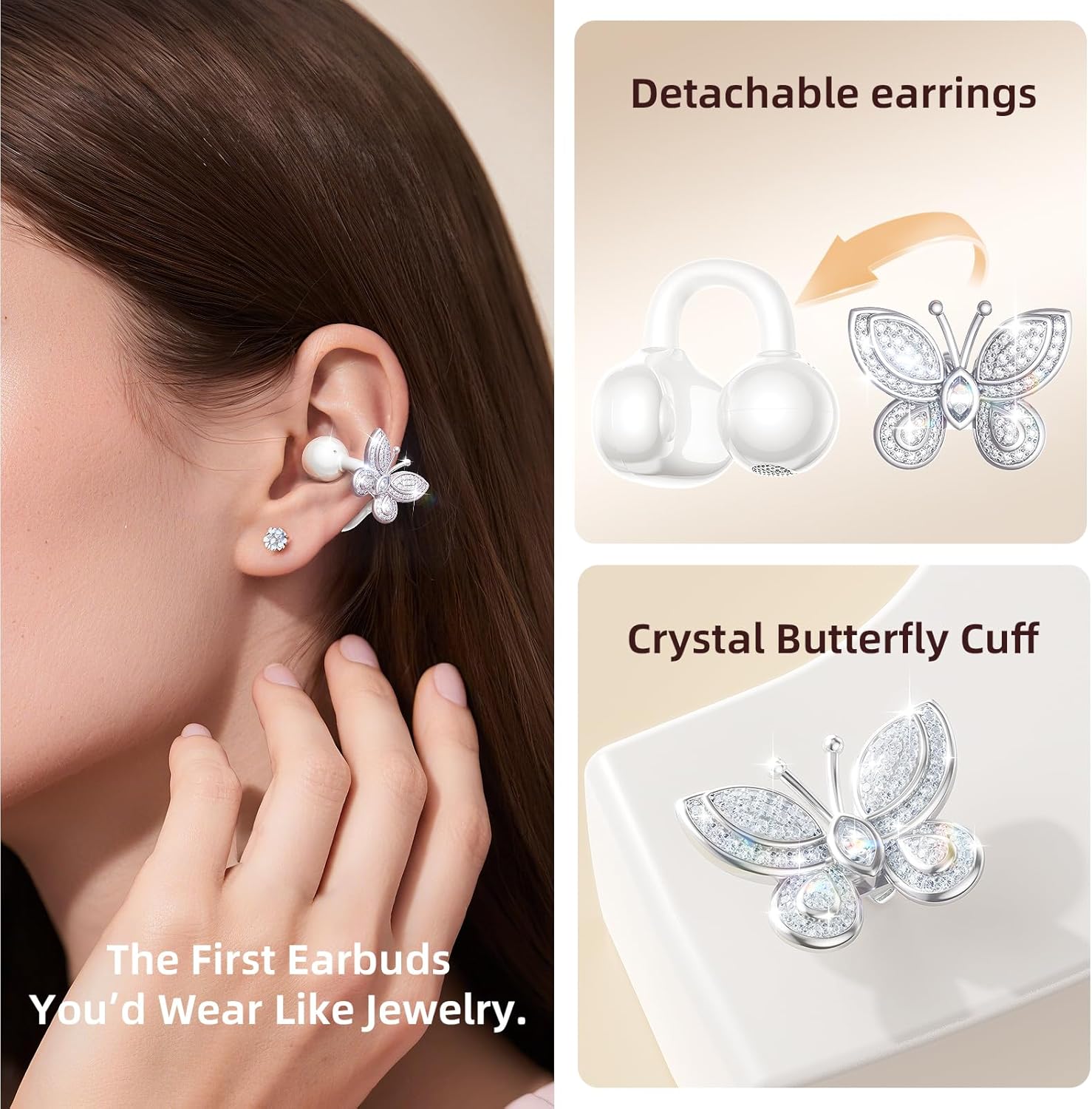 Kinglucky Jewelry-Inspired Clip-On Earbuds with Butterfly Earrings, Comfortable Fit & 50H Playtime Open Ear Bluetooth 5.4 Wireless Headphones for Women, Small Ears, Sports & Workouts (White) - Image 2