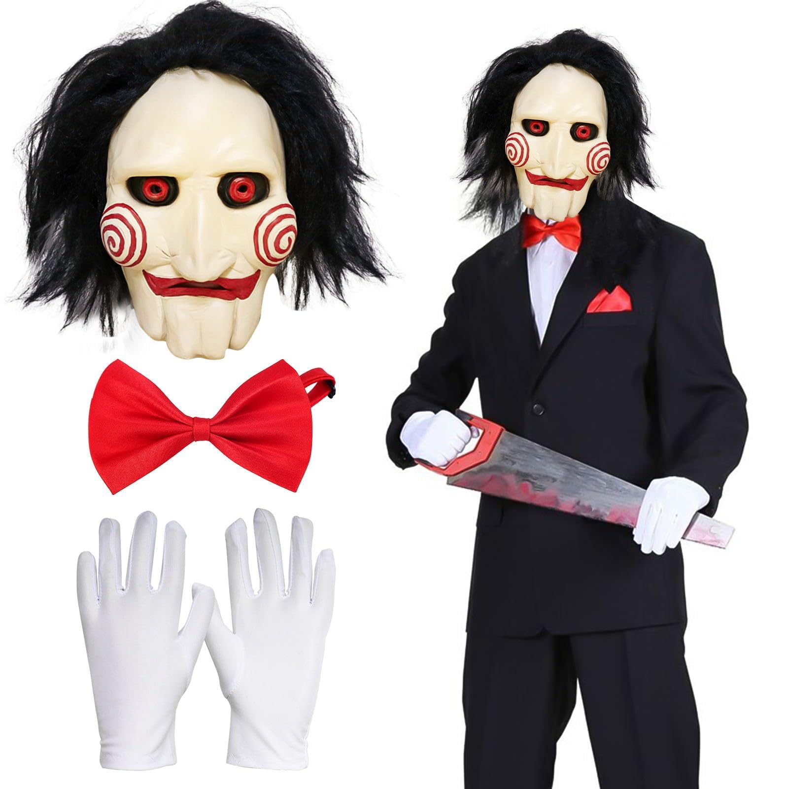 Set de Máscara de Halloween Saw Jigsaw con Guantes y Corbata, de Látex. Kit de horror espeluznante perfecto para Halloween. Máscara de Halloween completa cómoda y adecuada para hombres y mujeres