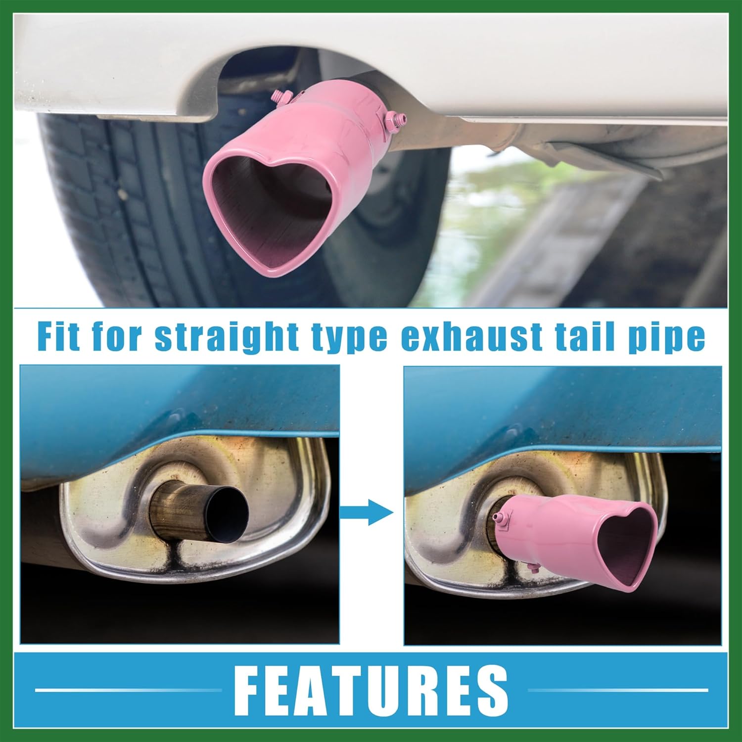 Motoforti Car Exhaust Tip Heart Shaped Tail Pipe 2.48Inch OD 2.64x2.36Inch Outlet 5.43Inch Length Straight Bolt-On Muffler Tip Metal Pink Long-Lasting