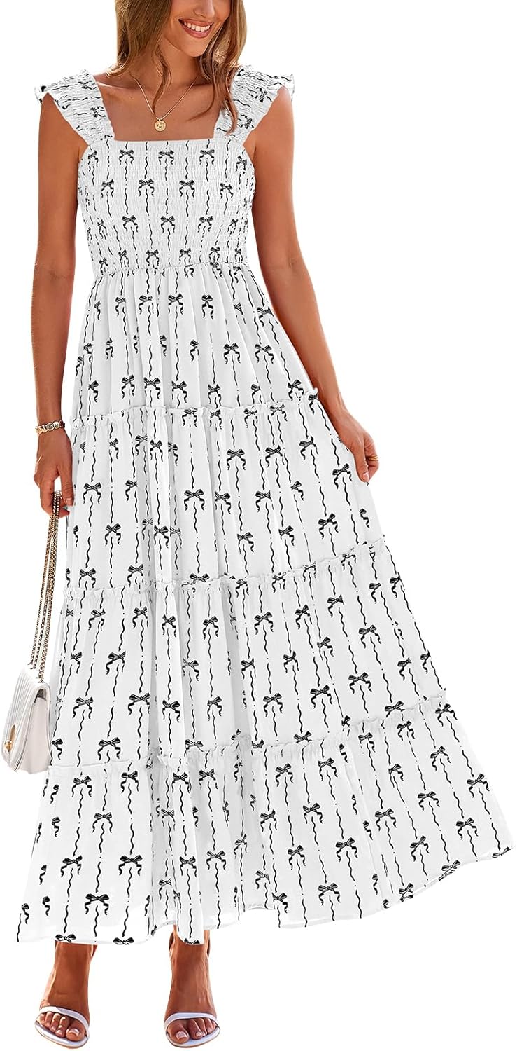 PRETTYGARDEN Women’s 2025 Floral Maxi Sundress Smocked Tank Dress Sleeveless Ruffle Summer Tiered Long Dresses