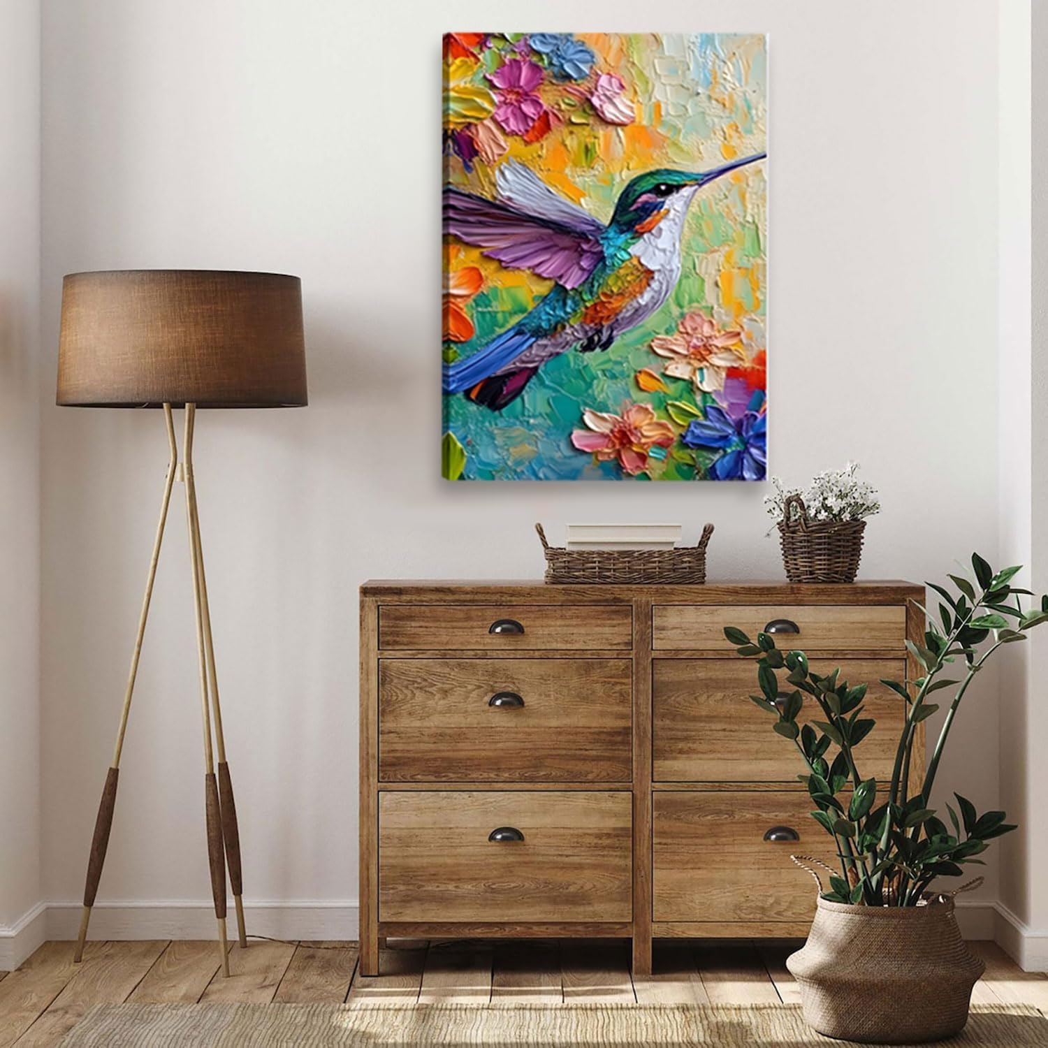 Colorful Hummingbird Canvas Wall Art Print, Oil Flower Bird Poster Painting Wall Decor, Hummingbird Picture for Wall Living Room Bathroom Bedroom Home Decoration 16 * 24 in Framed