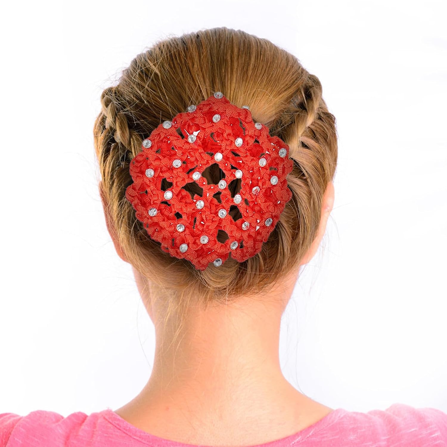 Rhinestone Hair Net Bun Covers 9Pcs Handmade Crochet Snood Net Elastic Hair Accessories for Women Professional Work and Dance Use