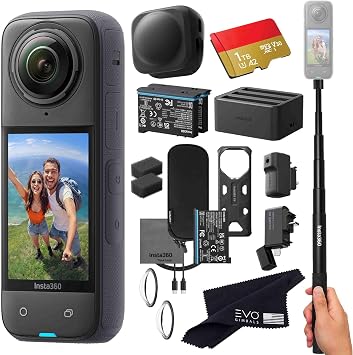 Insta360 X4 Pro Bundle-8K Waterproof 360 Action Camera with 8K 360 HDR Video, |Bundle Includes Selfie Stick, Extra 2 Batteries, Charger, Quick Reader, Mic Adapter, Lens Cap, Wind Muff 1TB