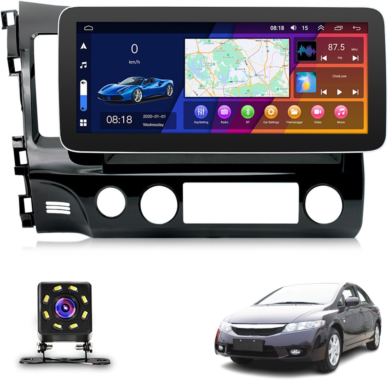 Android 13 Car Radio Stereo for Honda Civic (2006-2011), 12.3 inch Touch Screen Auto Navigation System with Carplay GPS WiFi Bluetooth FM Mirror Link + AHD Backup Camera(Size:2+32 G)