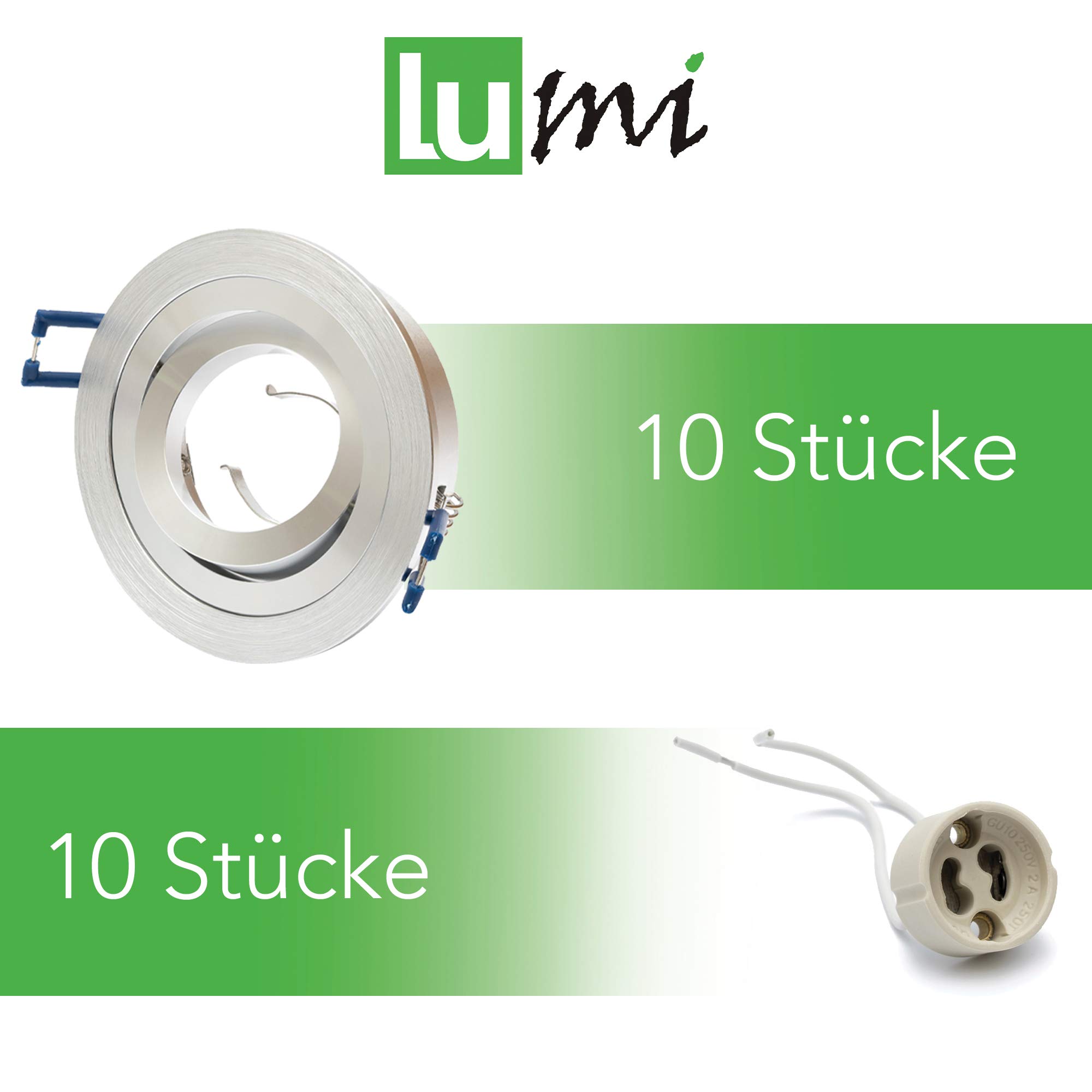 10 x aluminiowy reflektor do zabudowy GU10 zestaw – 10 sztuk aluminiowa rama montażowa okrągła w kolorze srebrnym szczotkowanym wraz z oprawką GU10 do żarówek LED lub halogenowych, wychylny o 30°, okrągły, 230 V