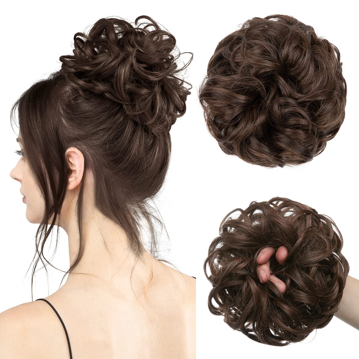 CJL HAIR Large Messy Bun Hair Piece Wavy Curly Scrunchies Synthetic Chignon Ponytail Hair Extensions Thick Updo Hairpieces for Women Ginger Brown