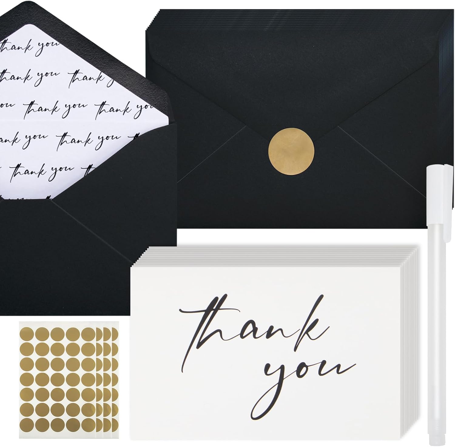 AZAZA Black Thank You Cards with Envelopes 4x6 inch, Bulk 100 Pack Thank You Notes 4 Minimalistic Designs, Funeral Thank You Cards with Envelopes and Gold Stickers for Graduation, Small Business