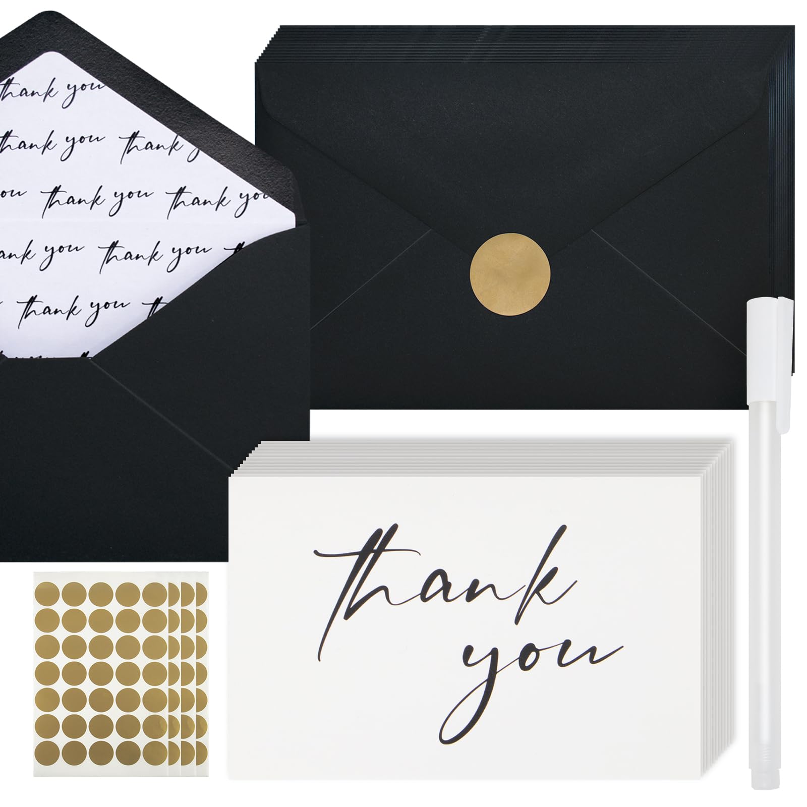 AZAZA Black Thank You Cards with Envelopes 4x6 inch, Bulk 100 Pack Thank You Notes 4 Minimalistic Designs, Funeral Thank You Cards with Envelopes and