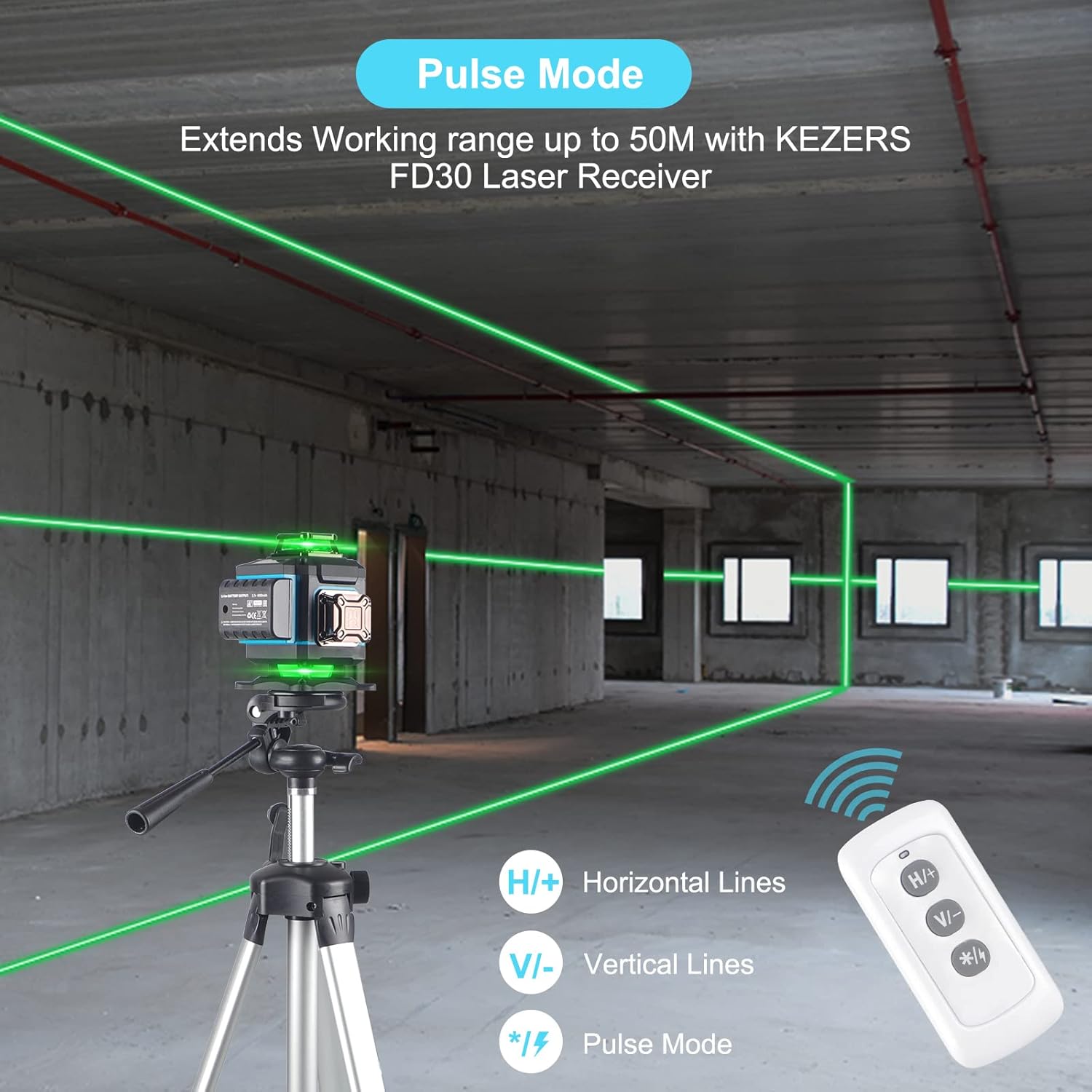 KEZERS Laser Level 360 Self Leveling-4D Laser Level Line Tool wih Screen Remote and Laser Level Pole with Tripod for Construction and Picture Hanging