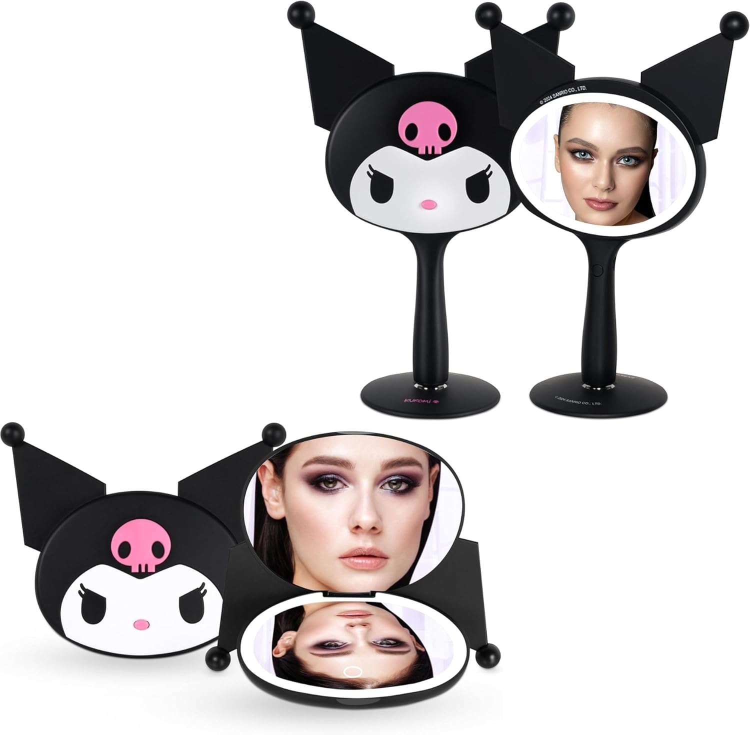 Impressions Vanity Kuromi LED Compact Mirror and LED Handheld Makeup Mirror for Women, Travel Lighted Makeup Mirror with Adjustable Brightness, Soft Touch Sensor Button, Kuromi Figural Shaped Design