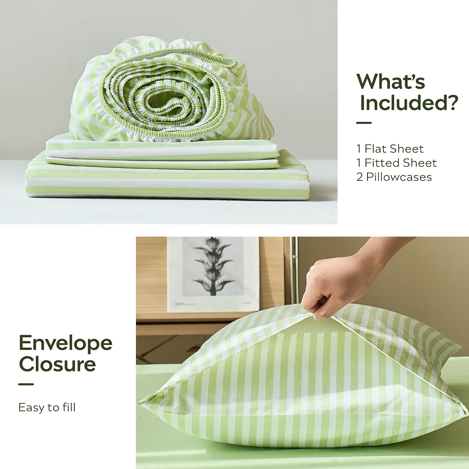 JELLYMONI 100% Cotton Sheet Set, Sage Green Striped, Queen | Soft breathable cotton, Deep pocket fit, Complete sheet set, Envelope closure, Bedroom refresh
