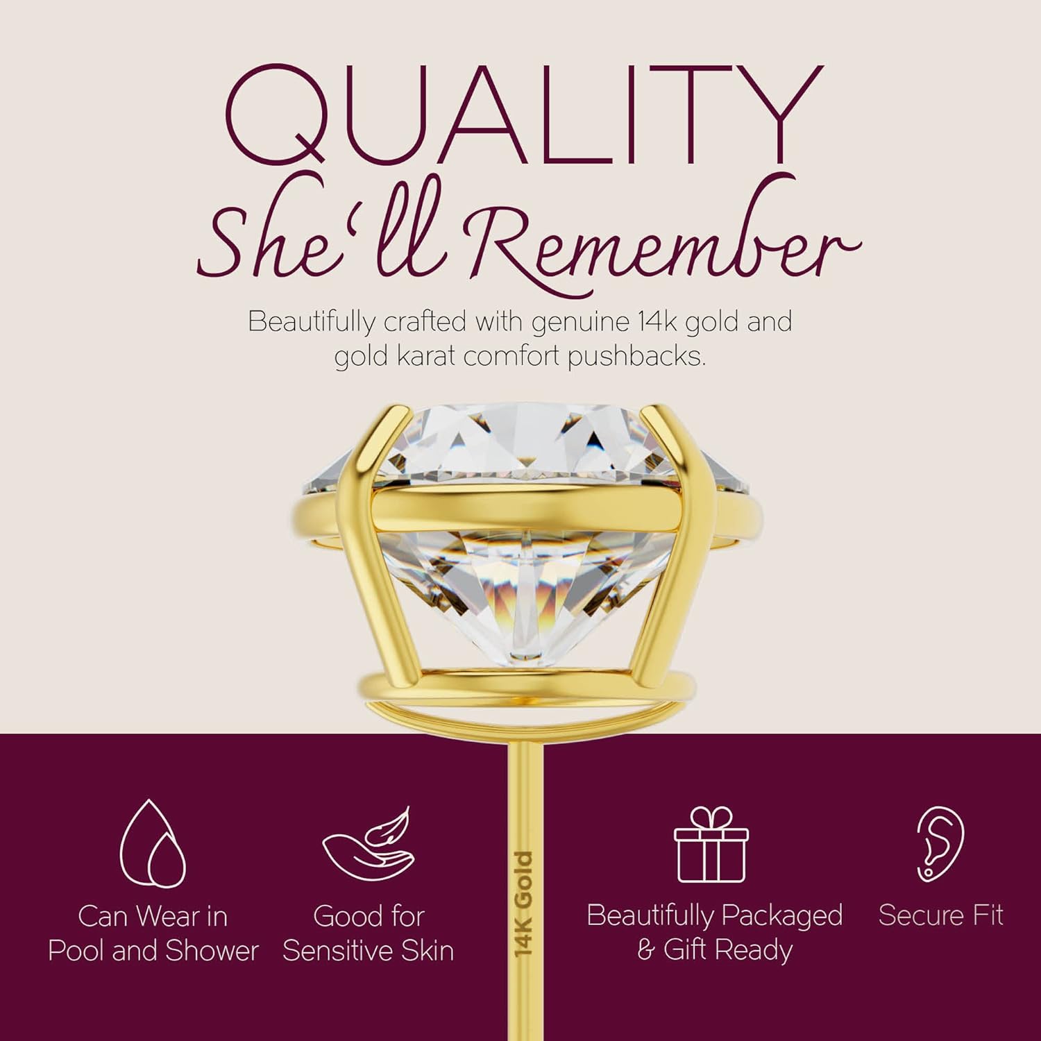 Solid 14k Yellow Gold Solitaire Round Cubic Zirconia CZ Stud Earrings with 14k Gold Butterfly Push Backings - Image 4