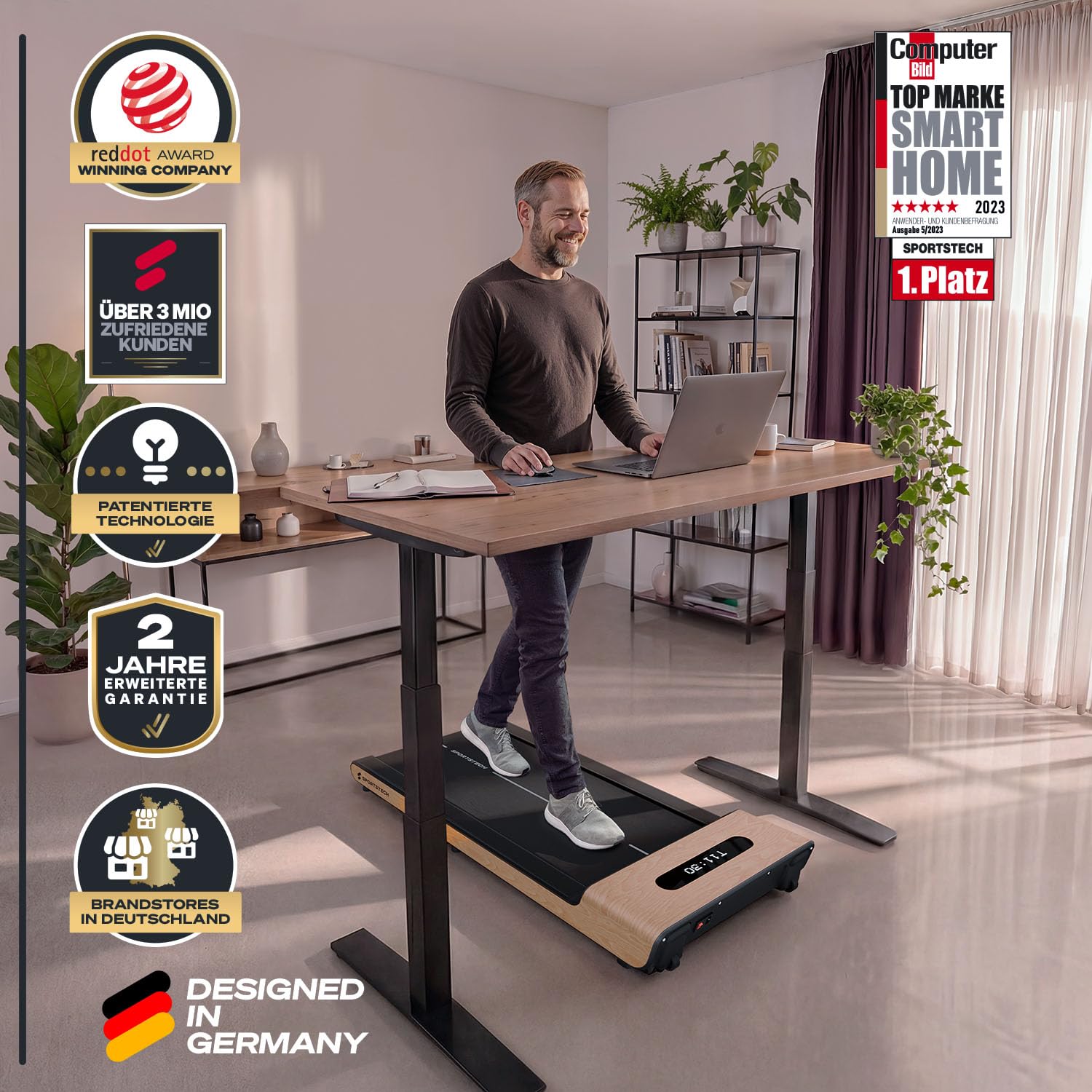 Sportstech Walking Pad Echtholz, 150kg, klappbar fürs Büro, 8 km/h, App | Fürs Home Office, Schrittzähler, unter dem Schreibtisch, kompakt, LED-Display, Bluetooth, gelenkschonend, WoodPad Pro