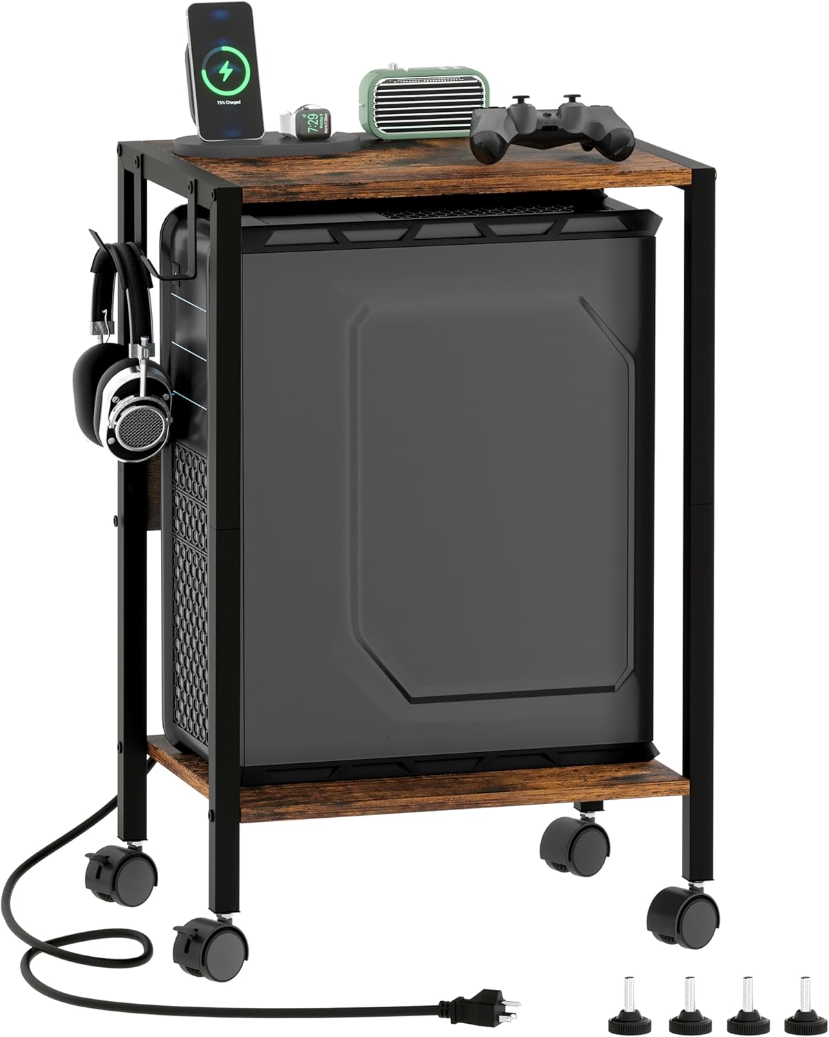 16.5" W Computer Tower Stand with Charging Station and USB Port, 2 Tier Mobile Floor PC Stand Fits Under Desk, Rolling Printer Stand with Hooks, CPU Holder Cart for Carpet, Home Office