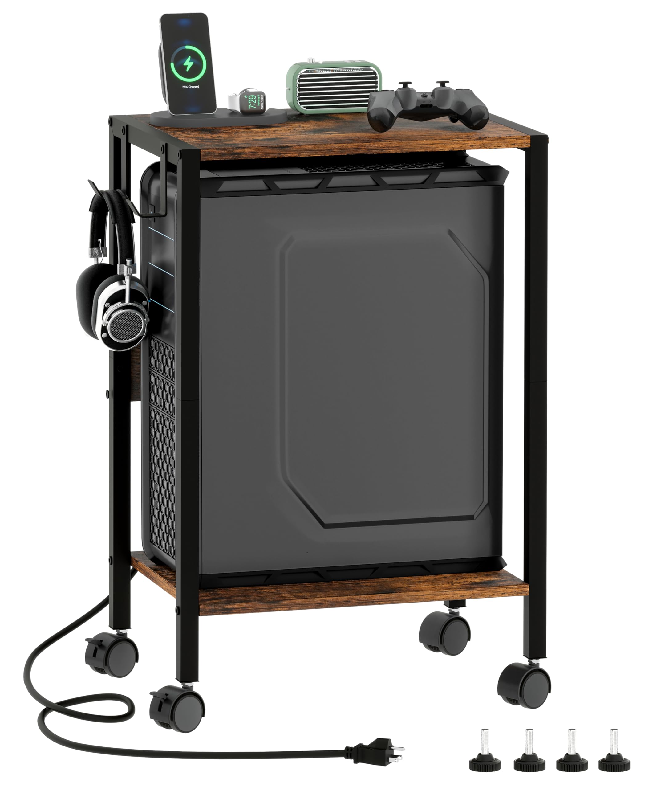 Akxomel 16.5" W Computer Tower Stand with Charging Station and USB Port, 2 Tier Mobile Floor PC Stand Fits Under Desk, Rolling Printer Stand with