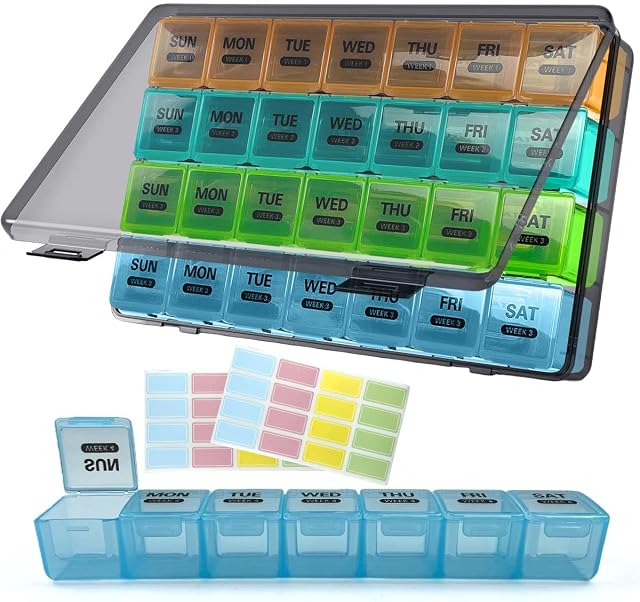 Monthly Pill Organizer 28 Days Pill Box Organized by Week,One Month 4 Weeks Pill Cases with Dust-Proof Container to Hold Vitamins,Supplements,Fish Oils for Travel(Multicolour)