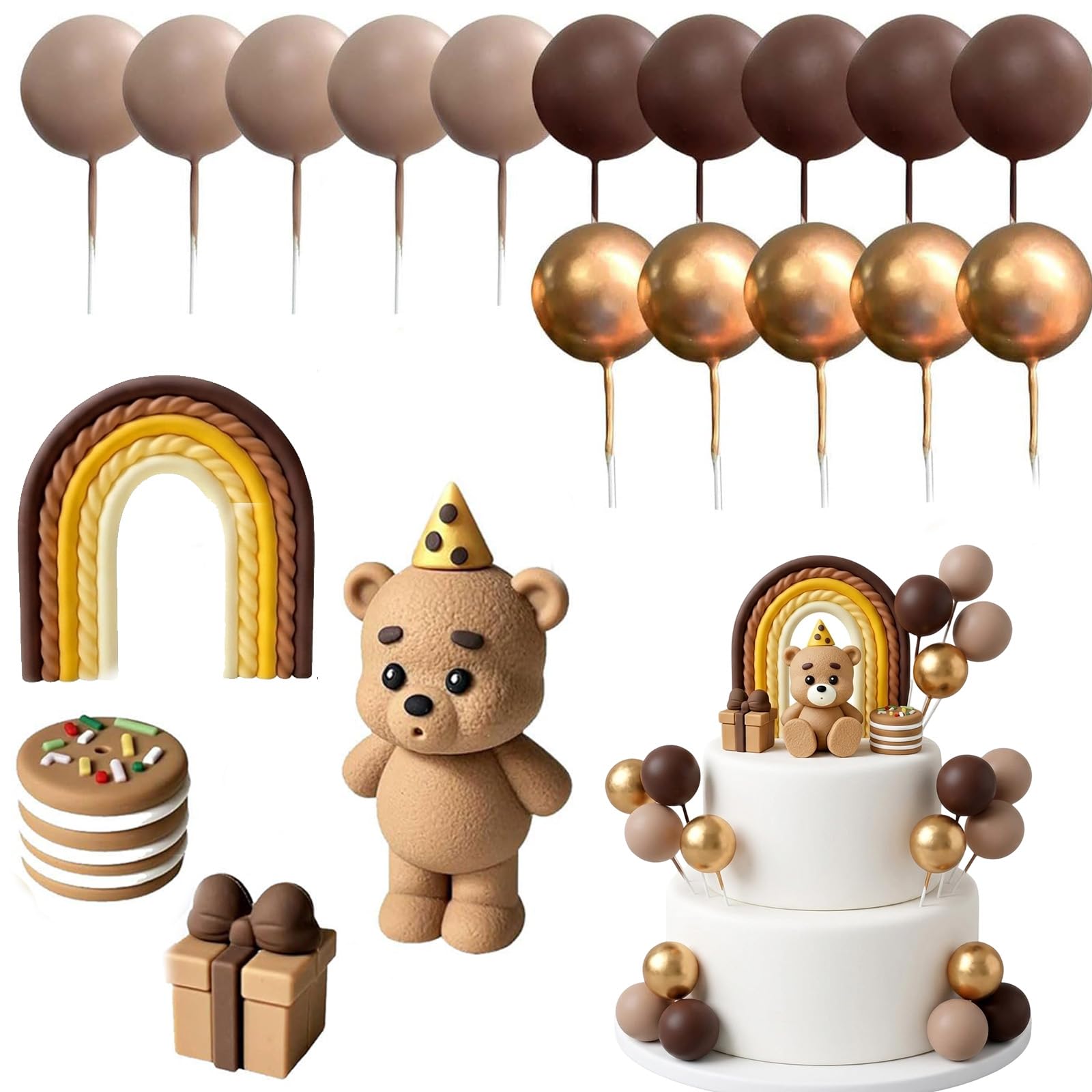 19 Pcs Teddy Bear Cake Toppers, b1by Shower Cake Topper Set with Rainbow and Hot Air Balloon Decorations, Adorable b1by by Cake Decoration Kit for Celebration Cakes