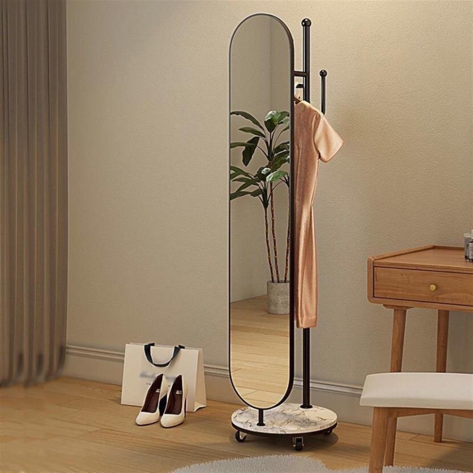 Camera da letto Specchio a figura intera appendiabiti integrato specchio rotante for spogliatoio domestico semplice guardaroba verticale mobile a pavimento Arredamento(Nero)