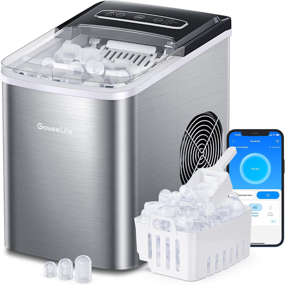 GoveeLife Máquina para hacer hielo inteligente para encimera, máquina portátil para hacer hielo con autolimpieza, 6 minutos, 9 balas de hielo, 26 libras/24 horas, control remoto por voz para el hogar, cocina, fiesta, camping, con cuchara para hielo de plata inoxidable | Máquina para hacer hielo con 26 libras/día, control por voz y aplicación, autolimpieza, 3 tamaños de cubitos de hielo para la cocina casera